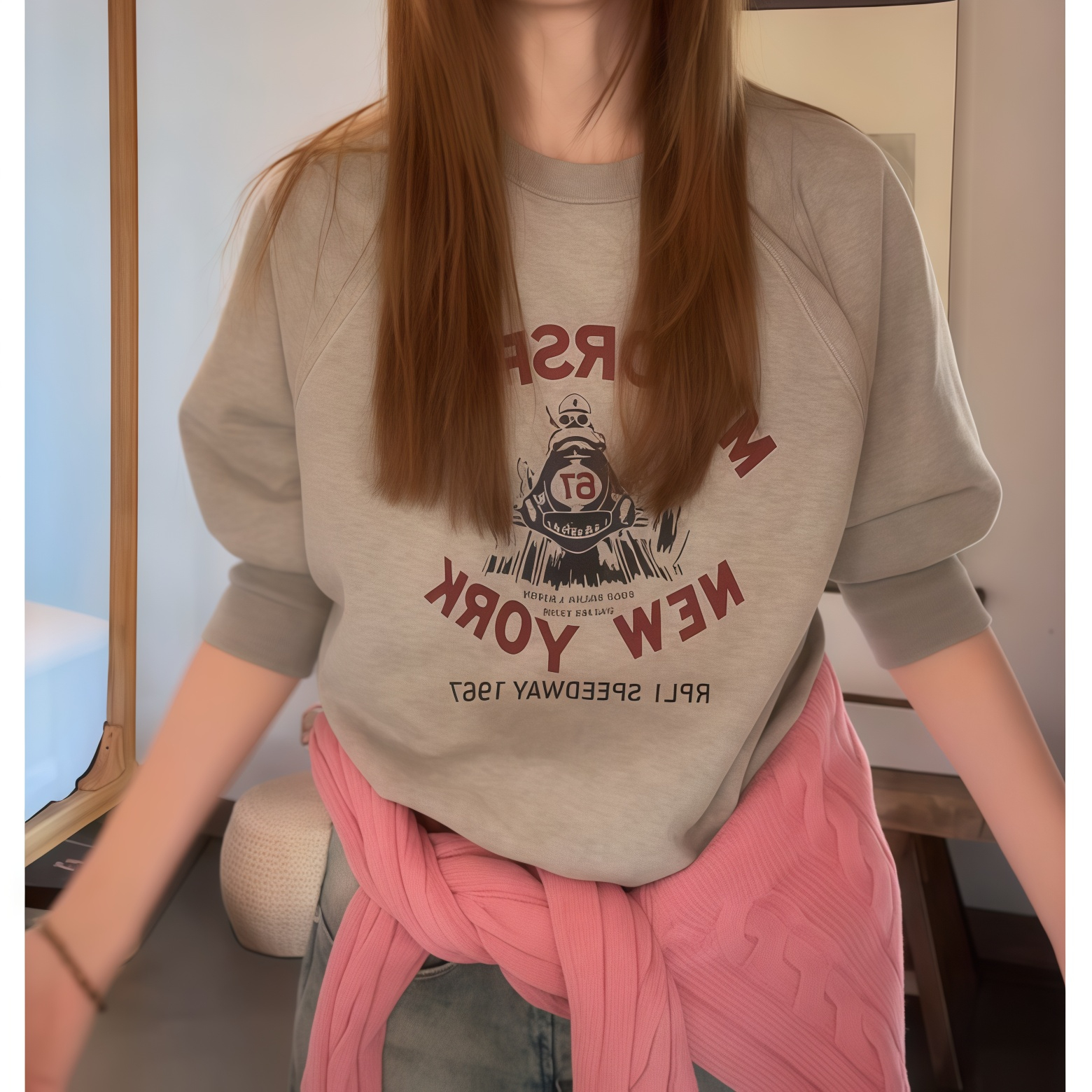 花灰色印花圆领卫衣女2025新款美式复古休闲慵懒风减龄气质上衣秋