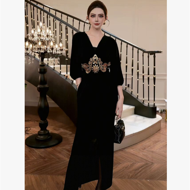 【FUNANI】 轻奢v领修身百搭黑色收腰小个子气质女装连衣裙X2530187