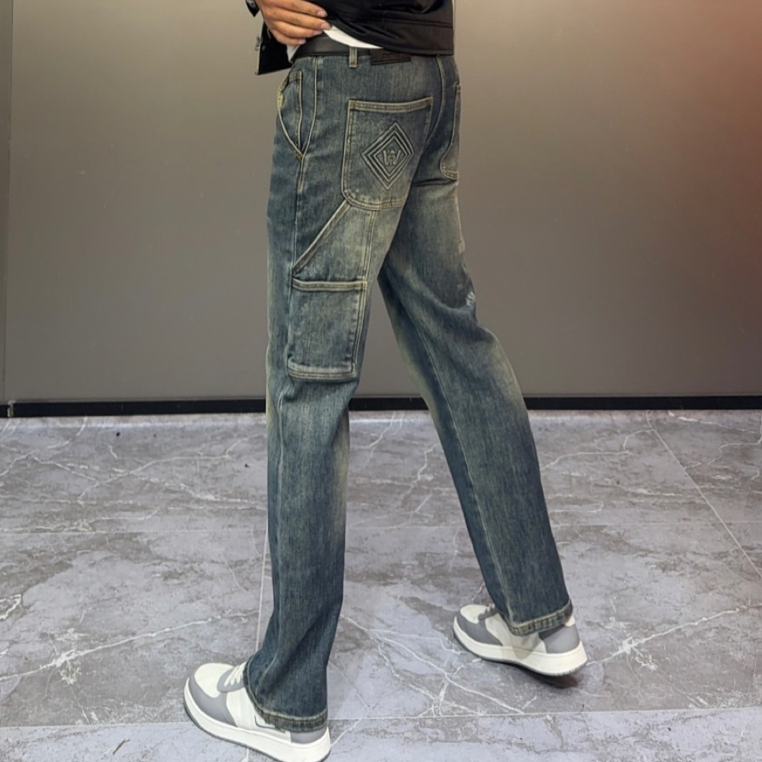 高端轻奢欧货多口袋直筒秋冬时尚百搭蓝色弹力牛仔裤KW2289