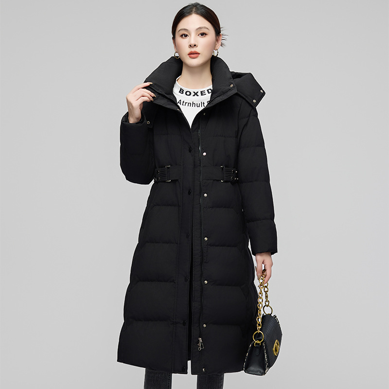 2025年新款白鸭绒羽绒服女长款大衣过膝连帽加厚宽松外套女秋冬季