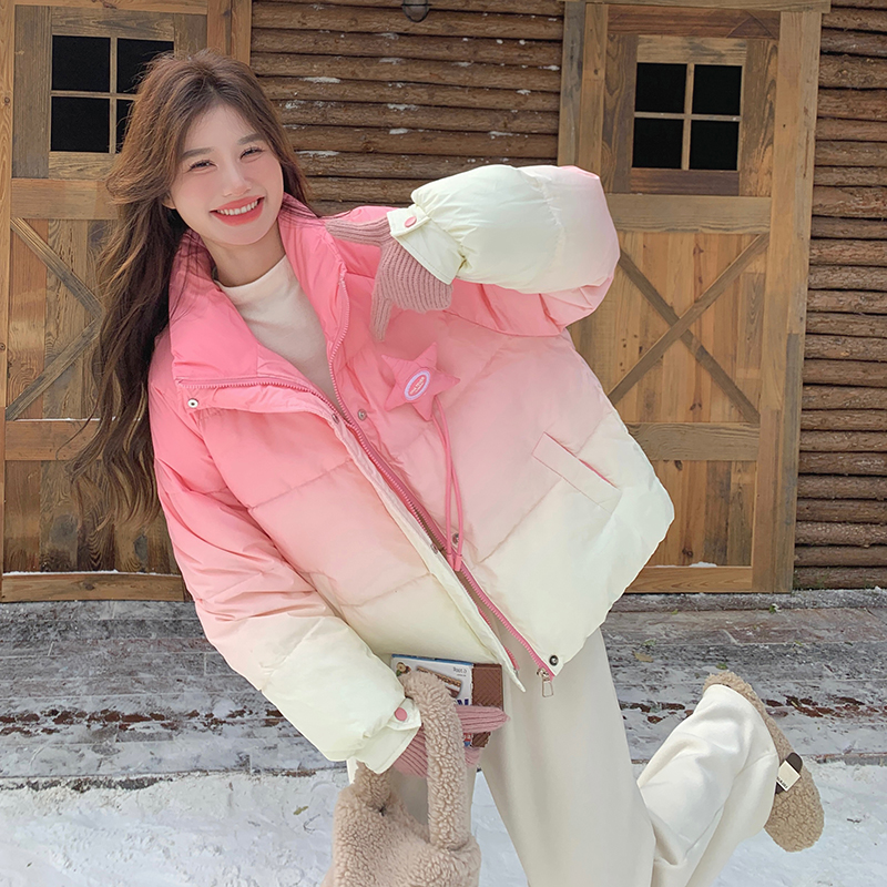 韩版减龄粉色渐变短款羽绒服女2025年冬季新款加厚显瘦白鸭绒外套