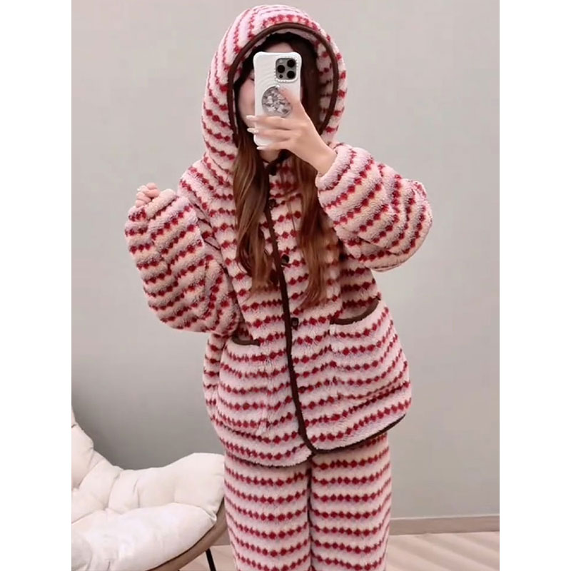 【新年战袍】冬季加厚保暖红色条纹连帽家居服睡衣两件套
