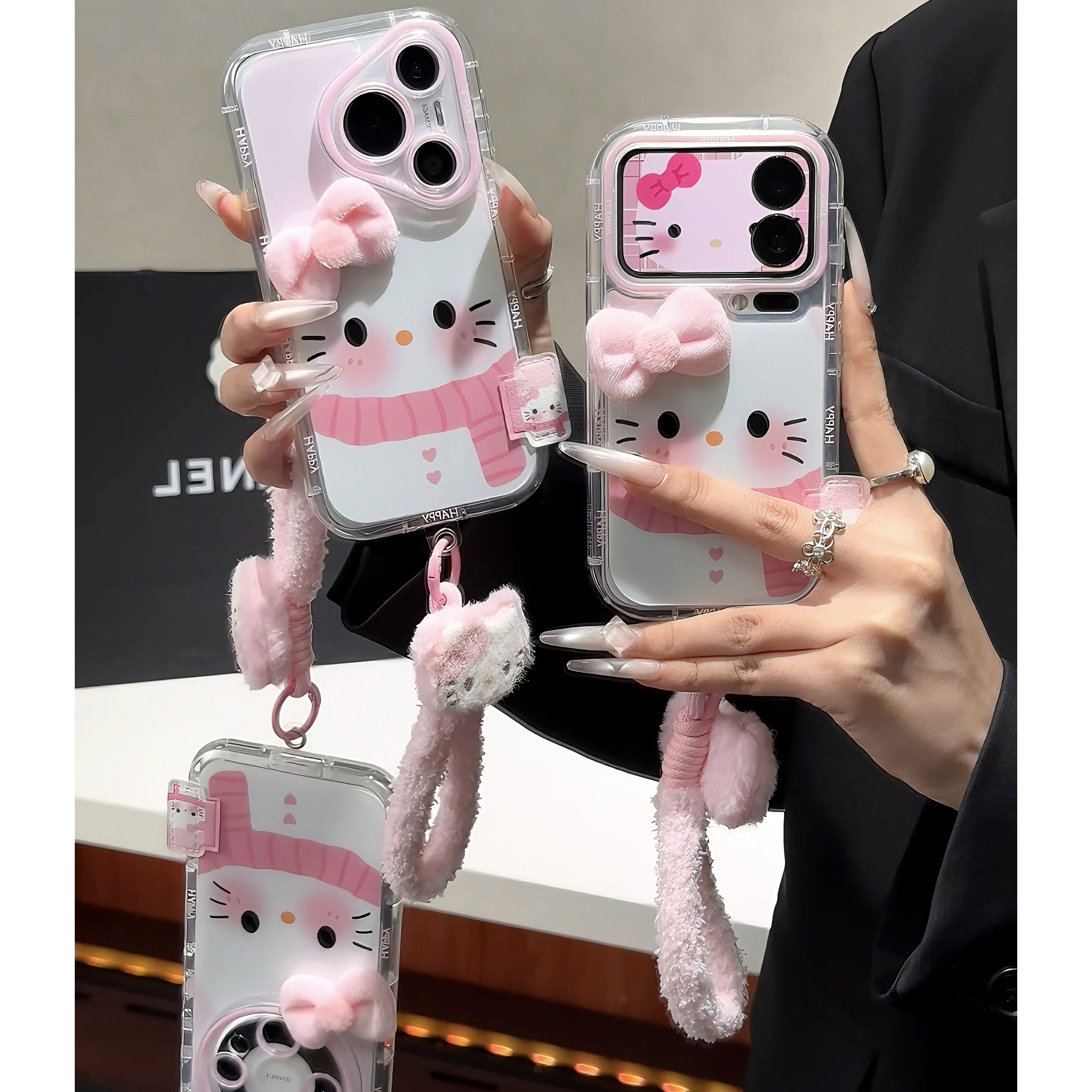 粉色围巾蝴蝶结KT挂绳适用苹果17手机壳16华为P70vivo小米oppo套