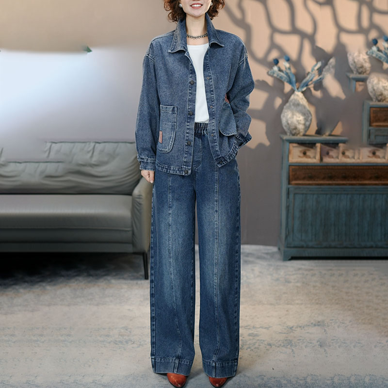 8949-6916蓝牛仔套装2025秋季新款长袖外套裤子百搭上衣阔腿裤