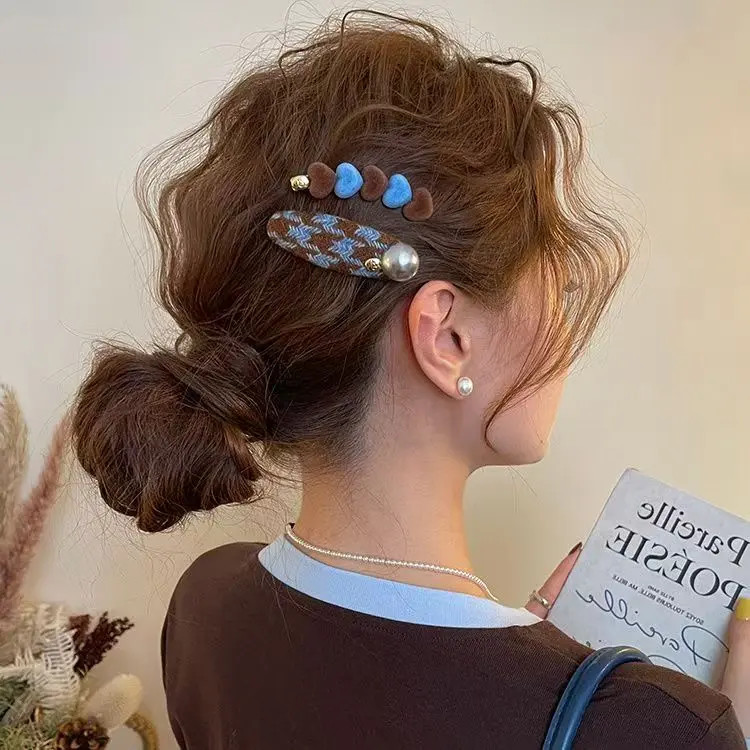 韩国东大门ins高端千鸟格鸭嘴夹 前额刘海夹爱心珍珠碎发夹 对夹