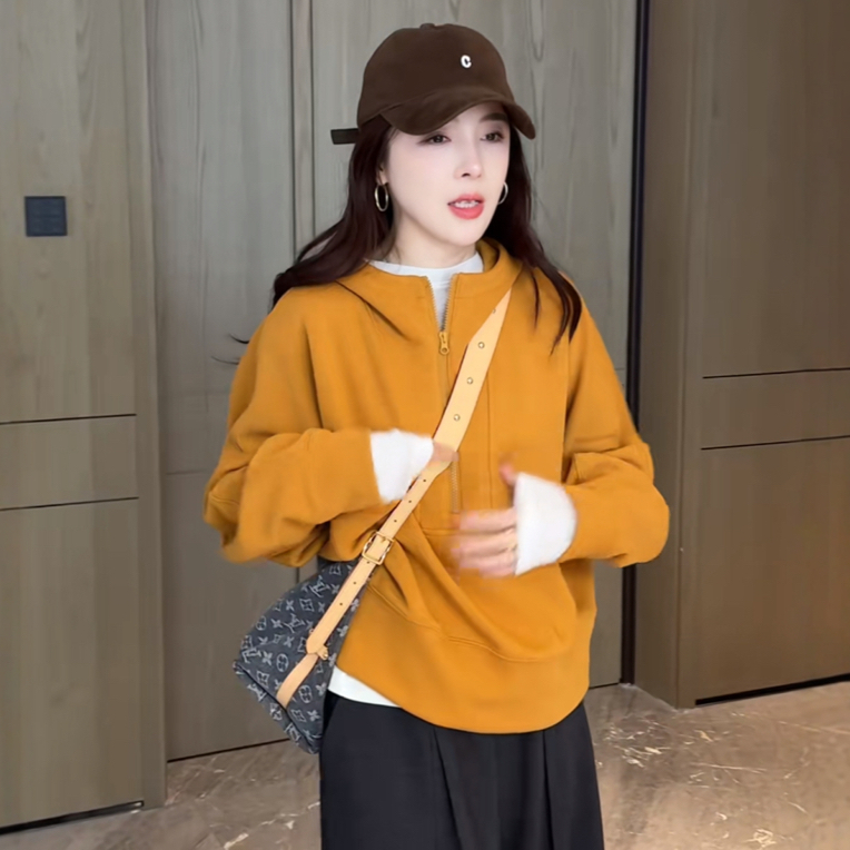 正版时尚连帽半拉链打底卫衣短外套女2025年秋季流行洋气宽松上衣