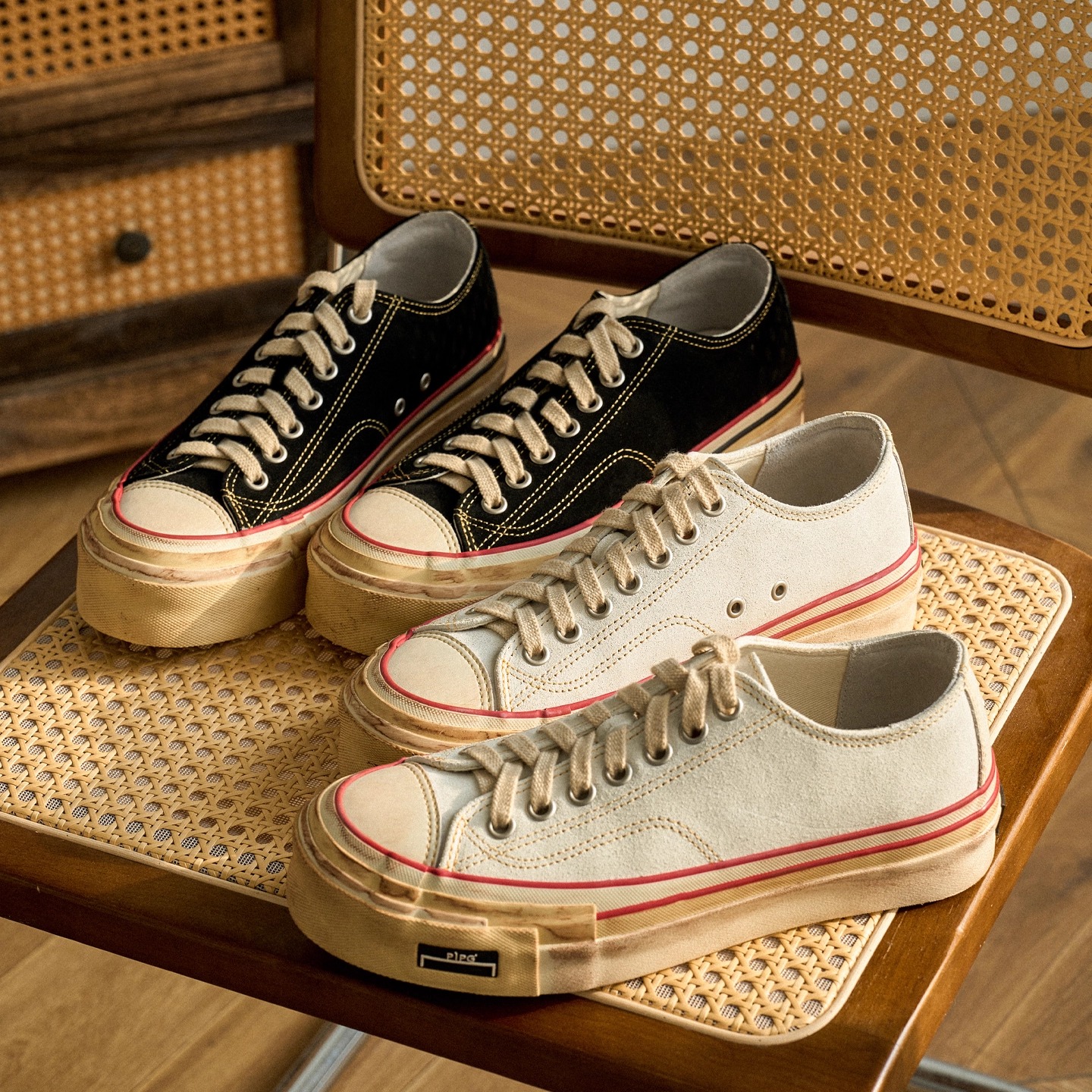 PIPG做旧擦色反毛皮帆布鞋男女同款 复古厚底日系硫化鞋透气板鞋