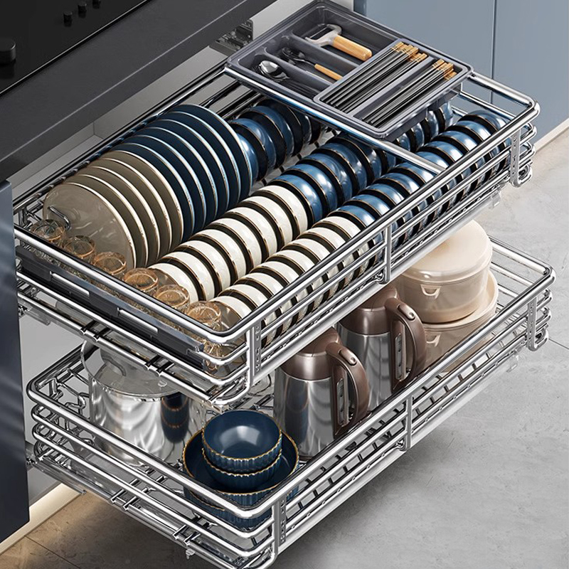 拉篮厨房橱柜304不锈钢双层抽屉式碗架收纳调味橱柜碗碟篮