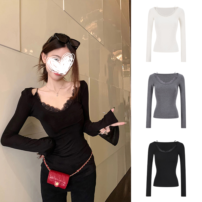 Moses Queen/魔西女王纯欲辣妹蕾丝拼接挂脖长袖T恤掐腰气质上衣