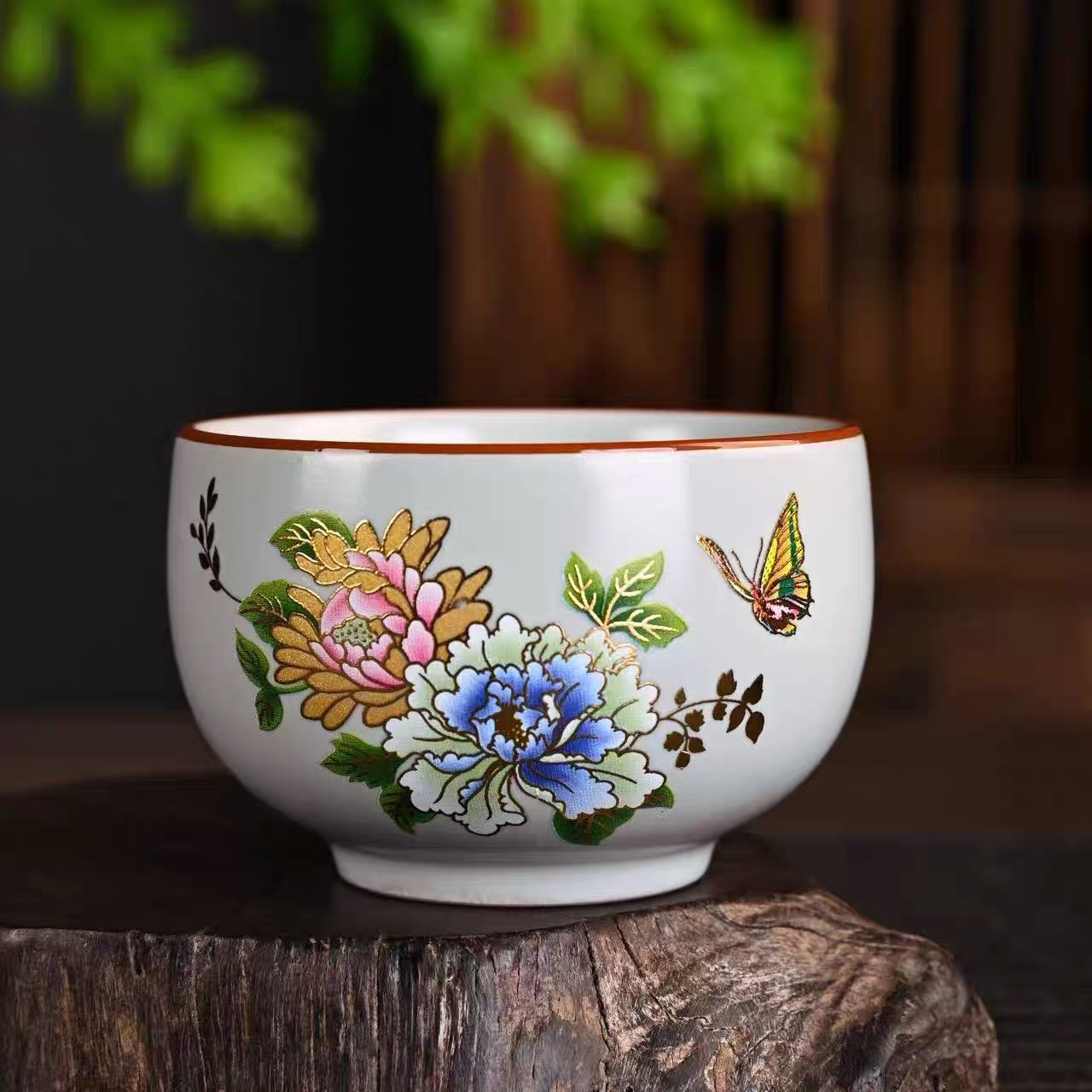 陶瓷蝶恋花主人杯大号品茗杯罗汉杯家用中式功夫茶具喝茶杯子茶碗