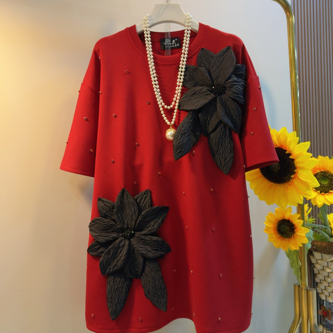 YDD新款大码重工钉珠立体花朵短袖T恤女宽松显瘦百搭上衣潮