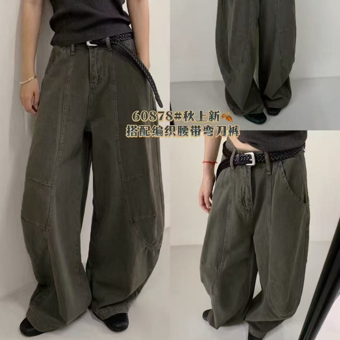 长裤水洗口袋潮中腰休闲裤秋冬季韩版百搭编织腰带弯刀裤阔腿裤