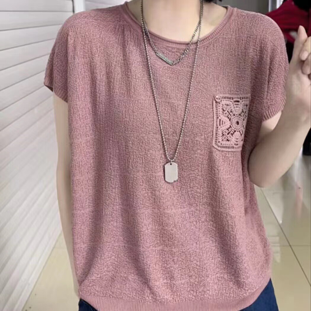网红新款冰丝针织衫洋气短袖t恤女2025夏季大码宽松显瘦上衣圆领