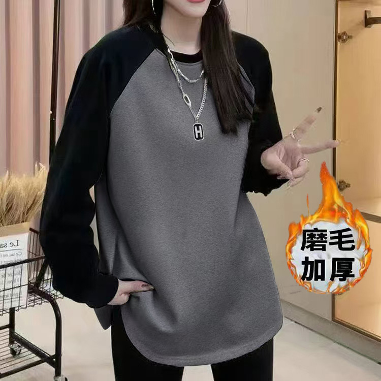 秋冬新款德绒磨毛插肩长袖中长款t恤女下摆圆弧遮臀加厚保暖上衣