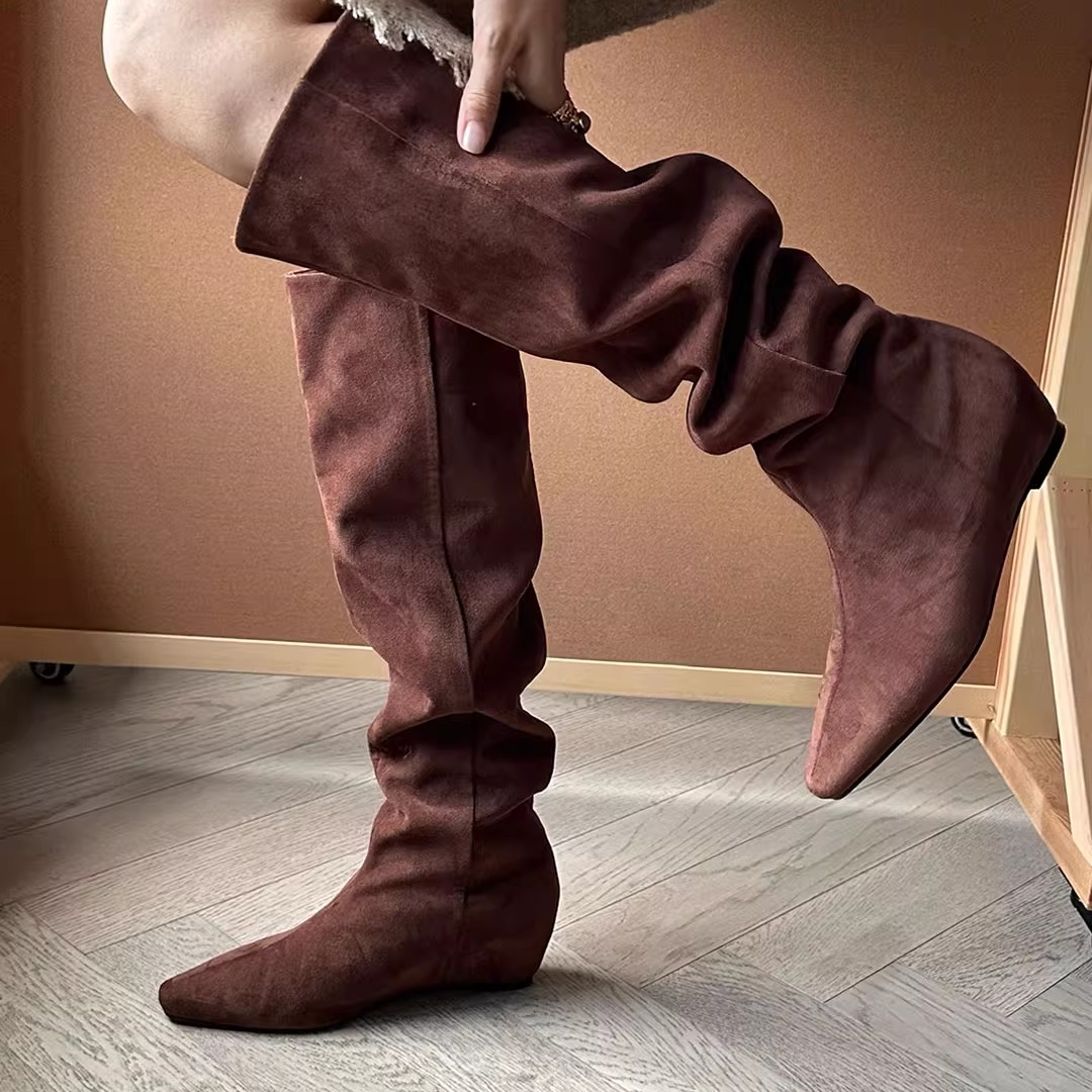 羊皮版~2025年新款复古方头粗跟过膝长靴女款百搭显瘦堆堆靴女款