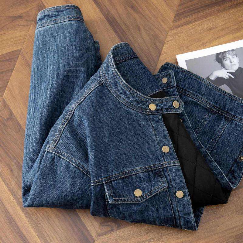 牛仔夹棉棉服冬季时尚设计感立领韩版机车宽松短款长袖牛仔外套女