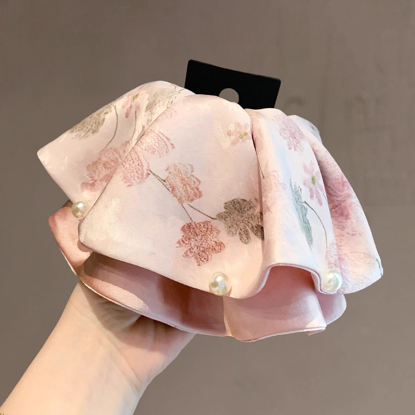 新中式淡雅印花缎面珍珠马尾夹气质温柔盘发夹后脑勺复古抓夹发夹