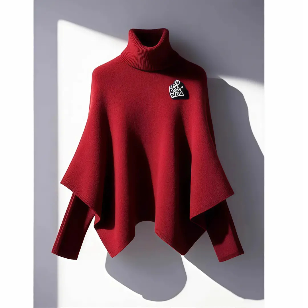 本命年新年红色针织衫上衣女秋冬季新款慵懒高级感假两件斗篷毛衣