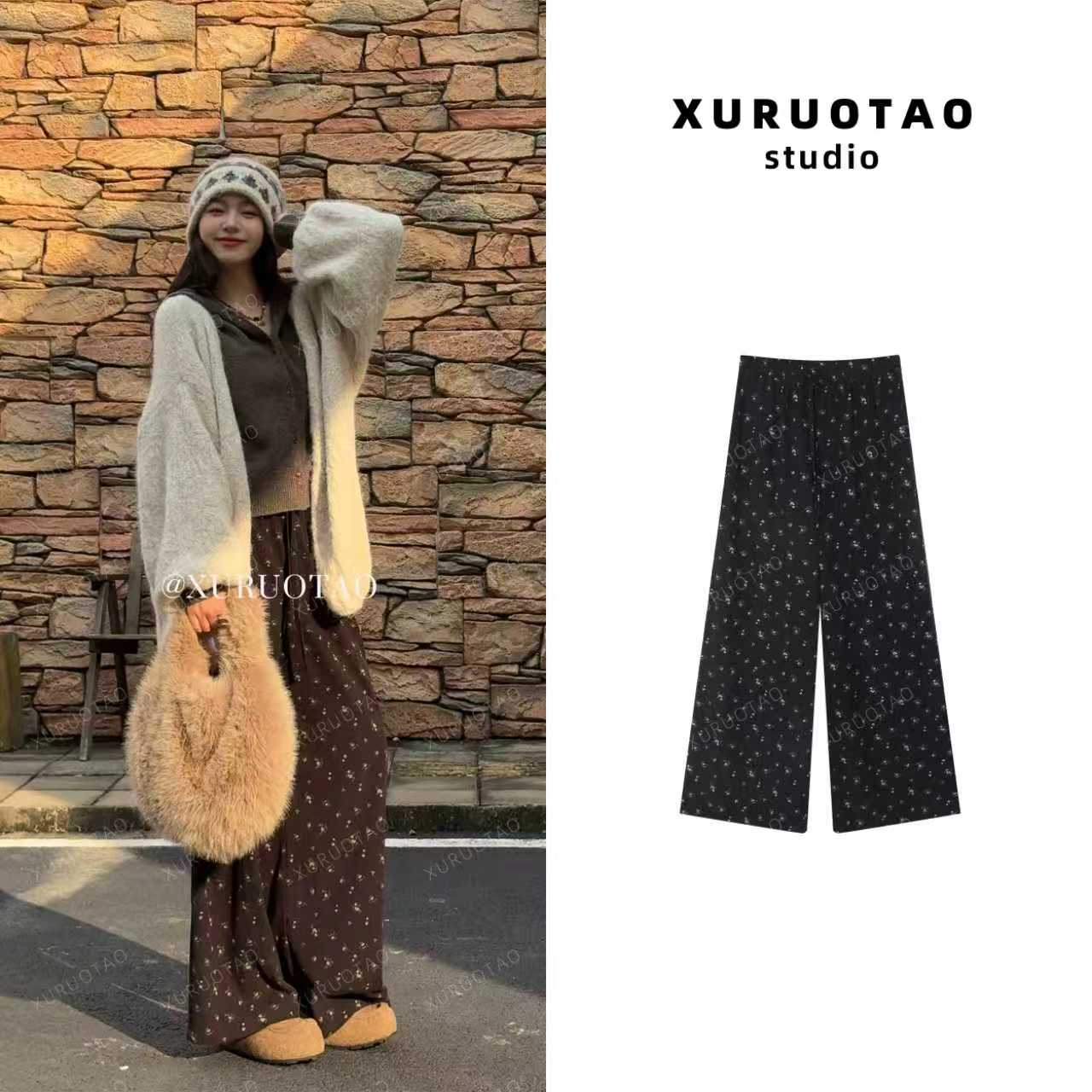 XURUOTAO【黑色花海】雪尼尔绒感碎花设计松紧显瘦黑色休闲裤 T5706