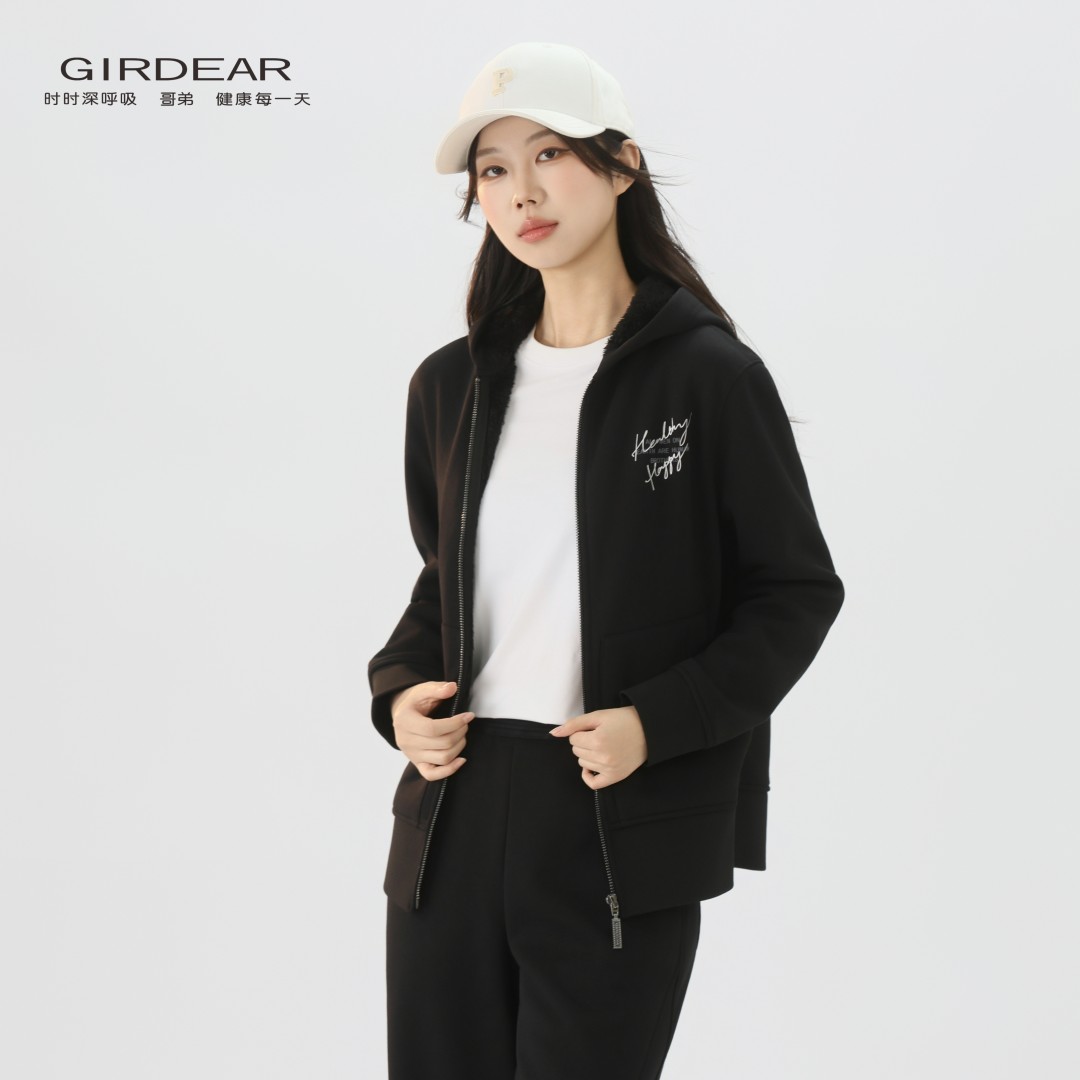 GIRDEAR/哥弟1400801新款时尚百搭简约休闲立体章仔拉链连帽卫衣