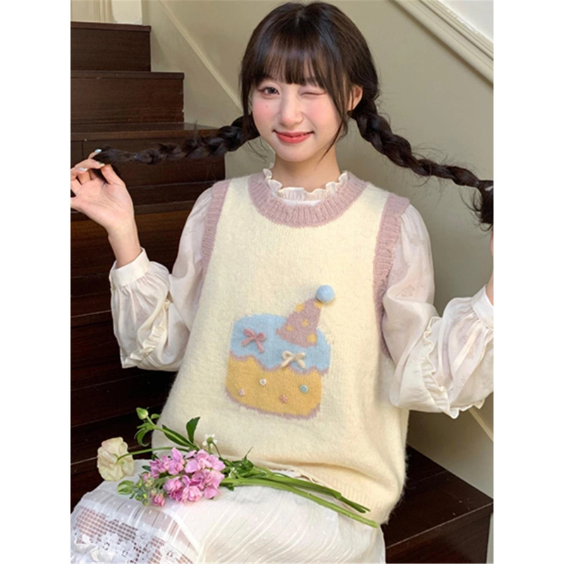 美式针织背心女秋冬新款卡通提花毛衣马甲叠穿宽松学院风甜美上衣