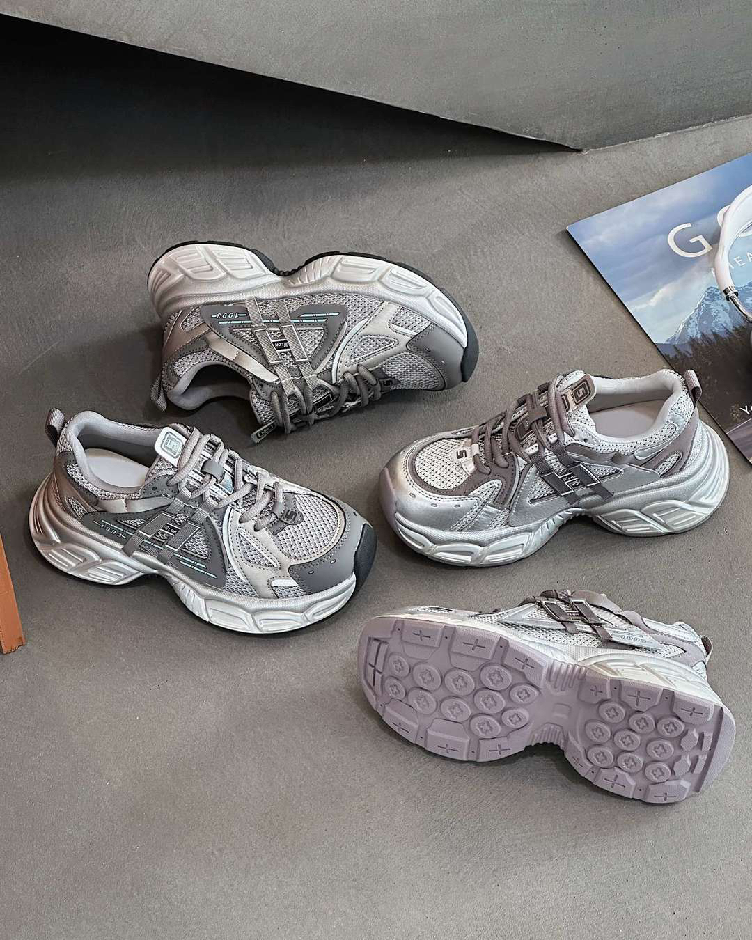 5090 真皮网面老爹鞋女2025春夏新款圆头松糕厚底百搭休闲运动鞋