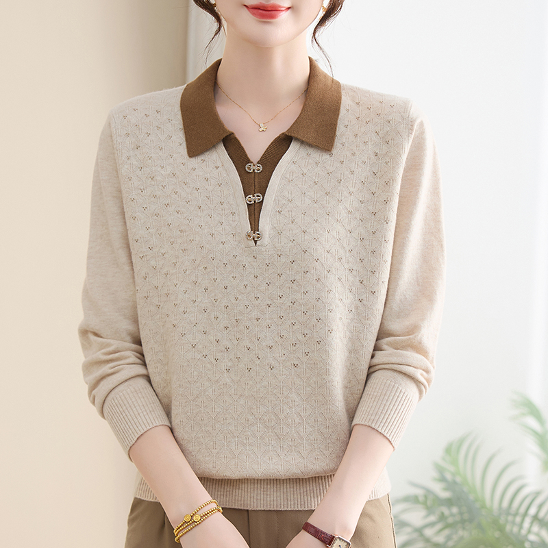 妈妈秋装翻领针织衫毛衣2025新款秋冬洋气上衣中老年女50岁打底衫