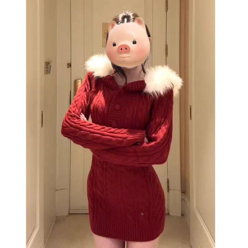 纯欲辣妹圣诞性感跨年战袍连衣裙女秋冬连帽毛领针织红色包臀裙子