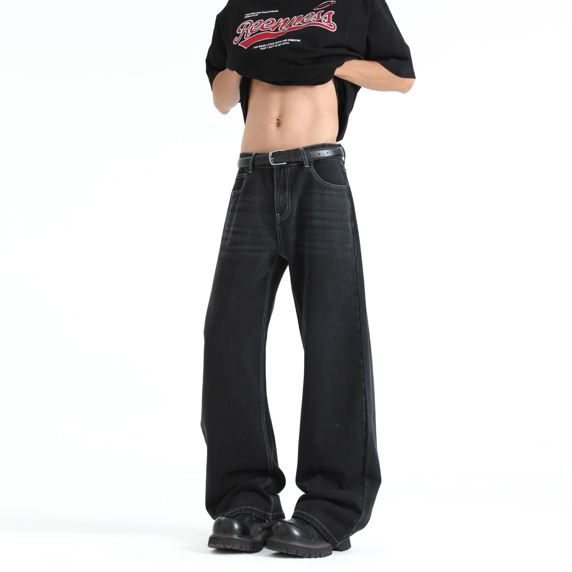 黑灰色直筒牛仔裤男夏季新款大码宽松裤子美式复古潮流显瘦阔腿裤