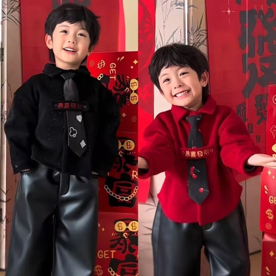 男童拜年服衬衫红色儿童外套秋冬加绒加厚上衣宝宝帅气新年衫潮