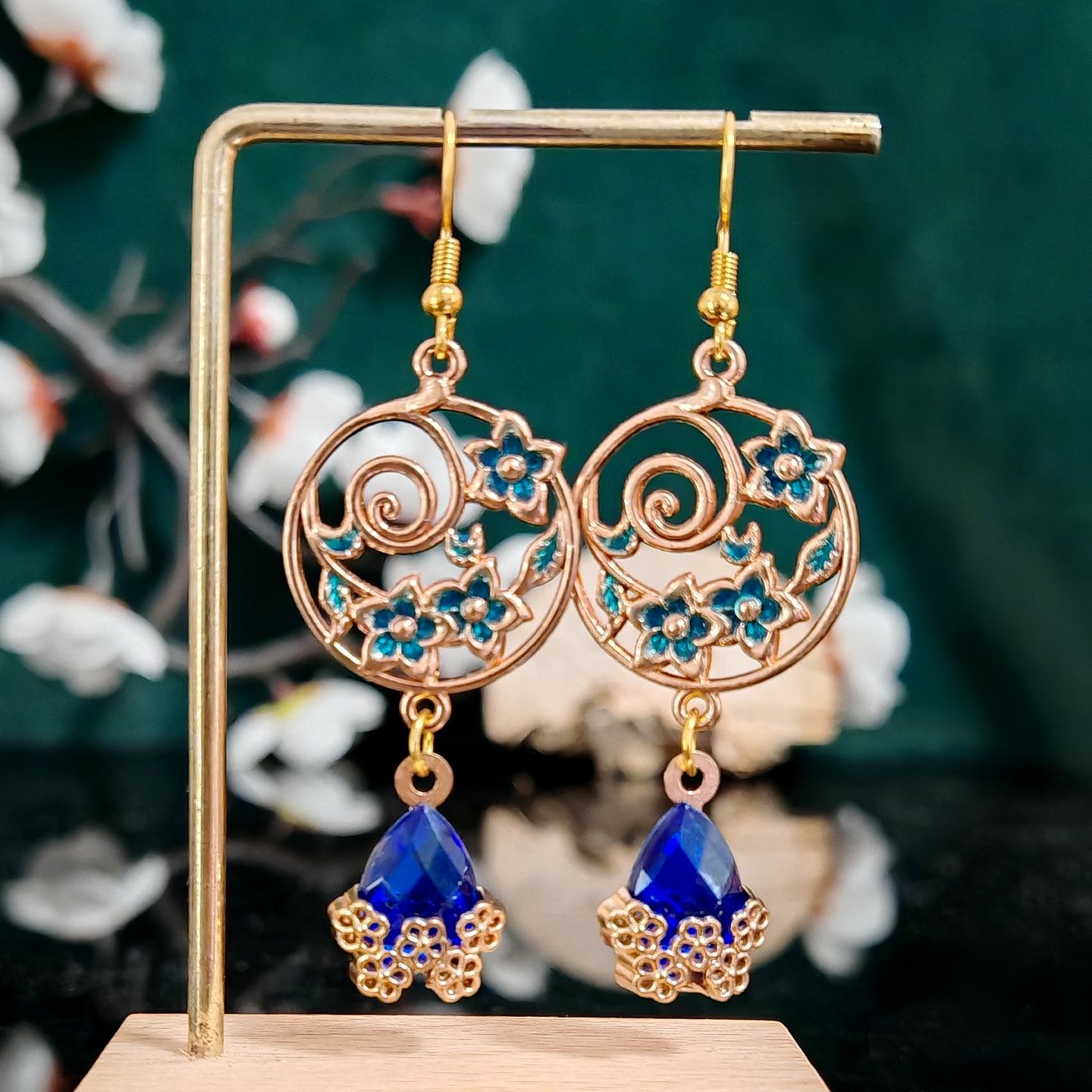 多吉米蓝花萦旋复古新中式耳环耳夹原创配汉服旗袍