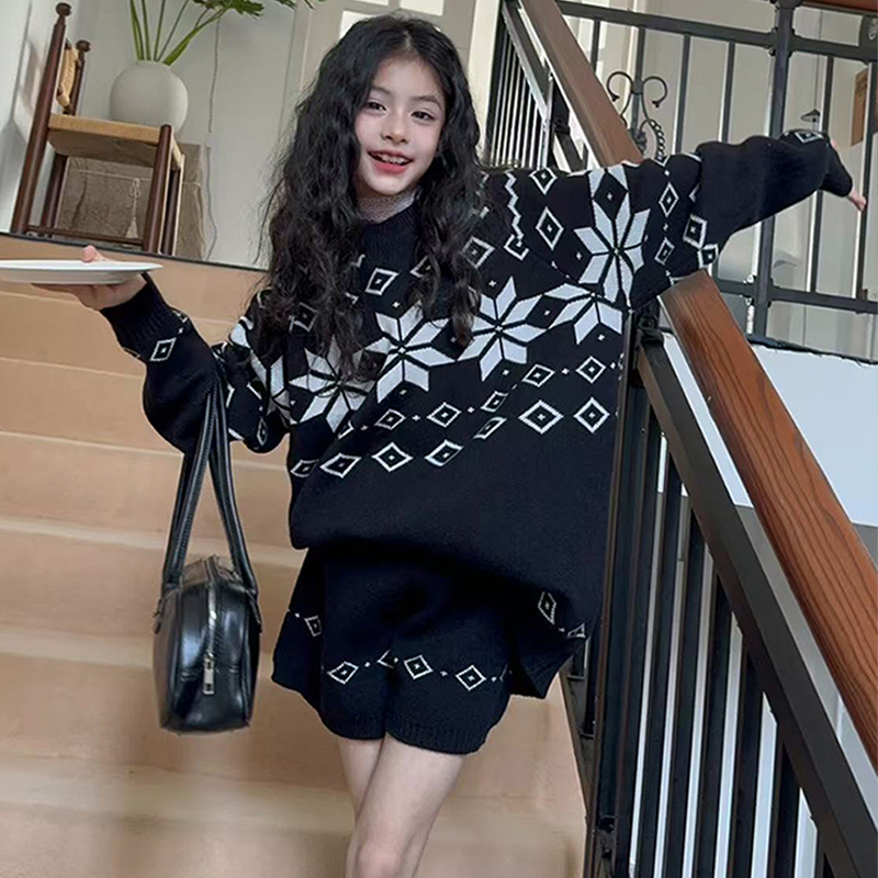 【嘻嘻柚】女童秋季复古费尔岛提花撞色毛衣套装2025新女童秋款套装