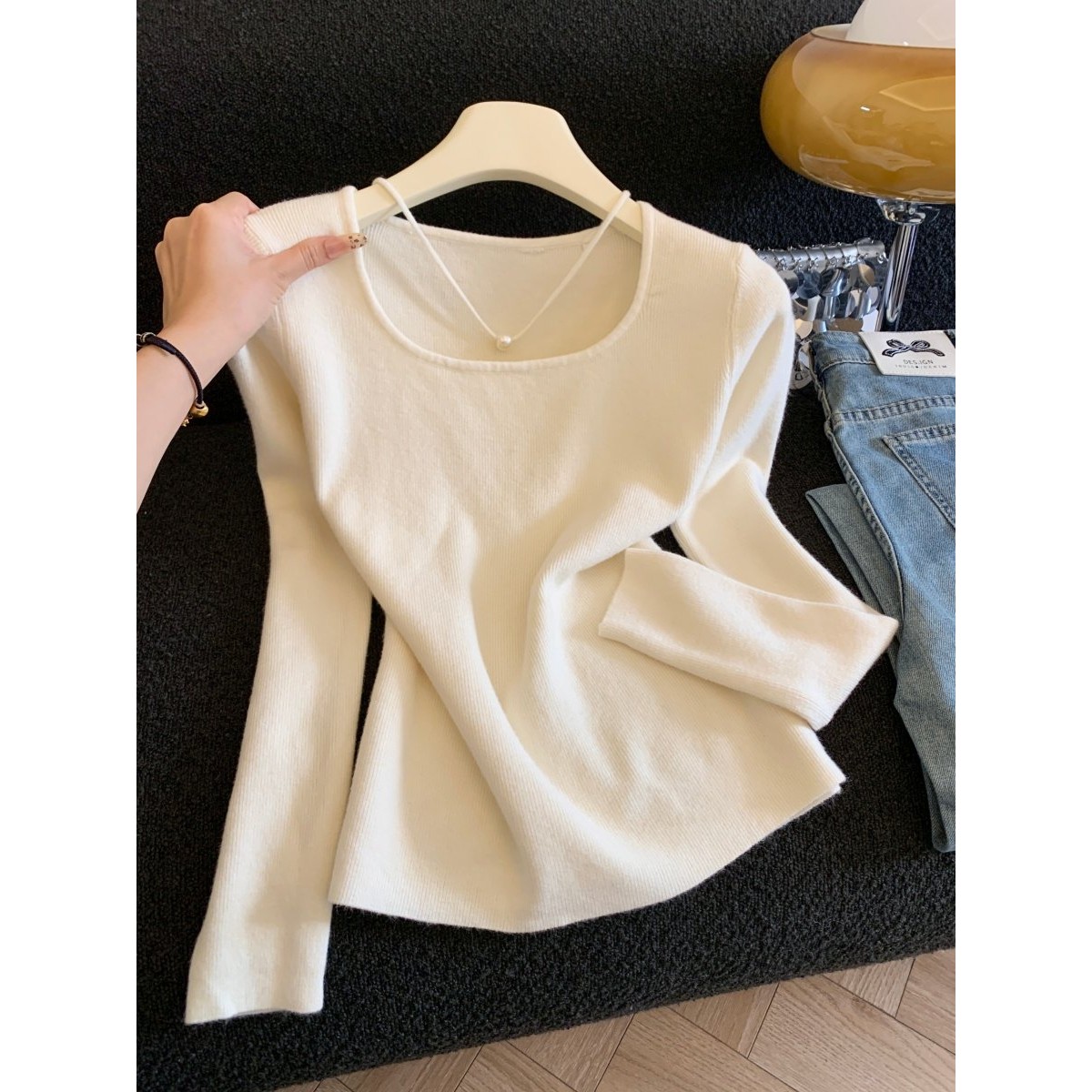 专柜撤回剪标秋冬装新款美拉德甜美风方领套头长袖针织打底衫上衣