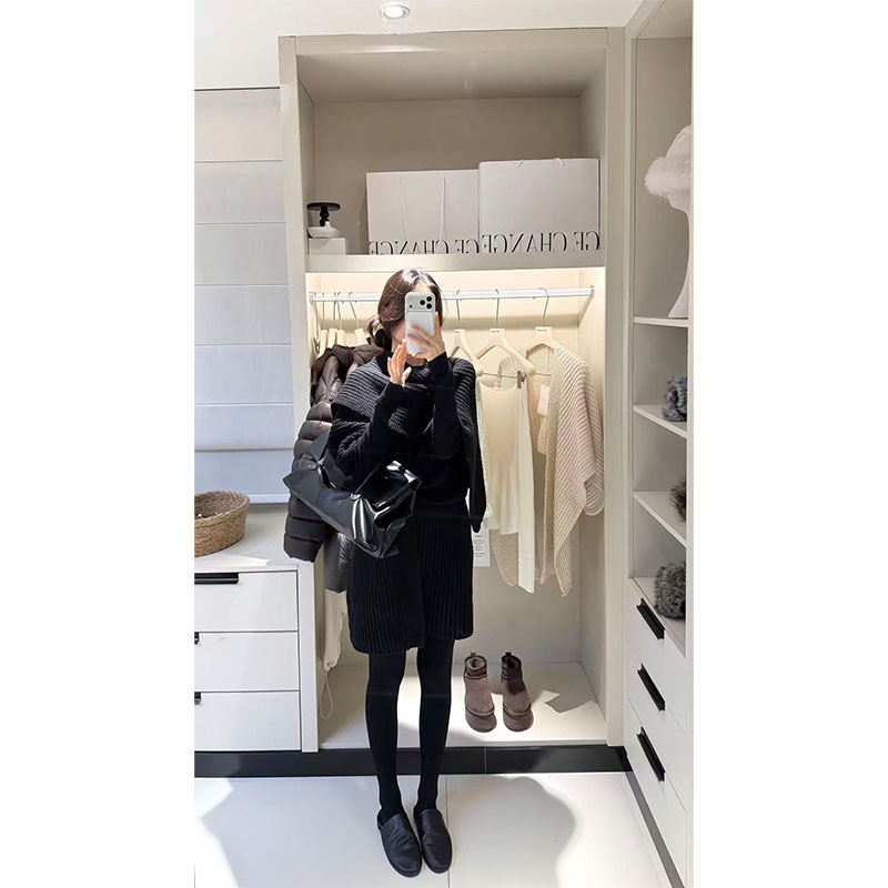 2025甜酷风时尚休闲露肩长袖上衣洋气黑色罩衫高腰显瘦半身裙套装