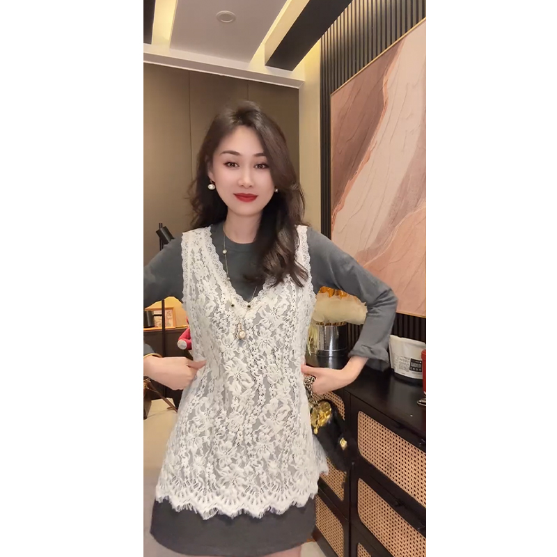 韩系蕾丝无袖背心长袖打底衫两件套女早秋新款小众设计感叠穿上衣