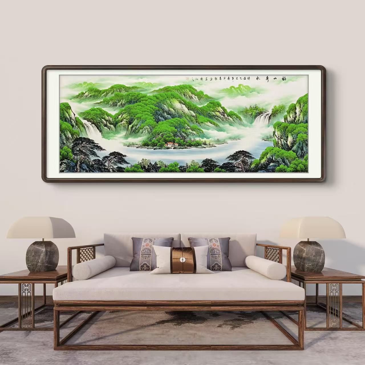 《福山秀水》纯手绘横幅六尺青绿山水客厅办公室国画作品文玩探宝