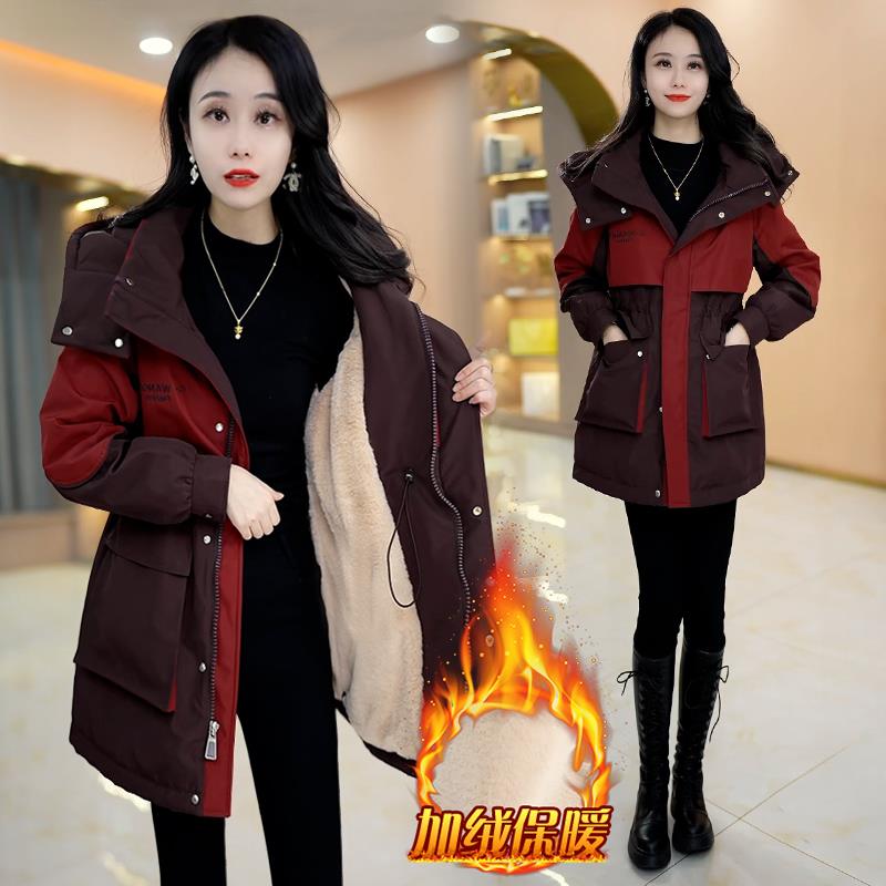 加绒加厚连帽棉衣2024冬季新款中长款气质减龄时尚洋气派克服外套