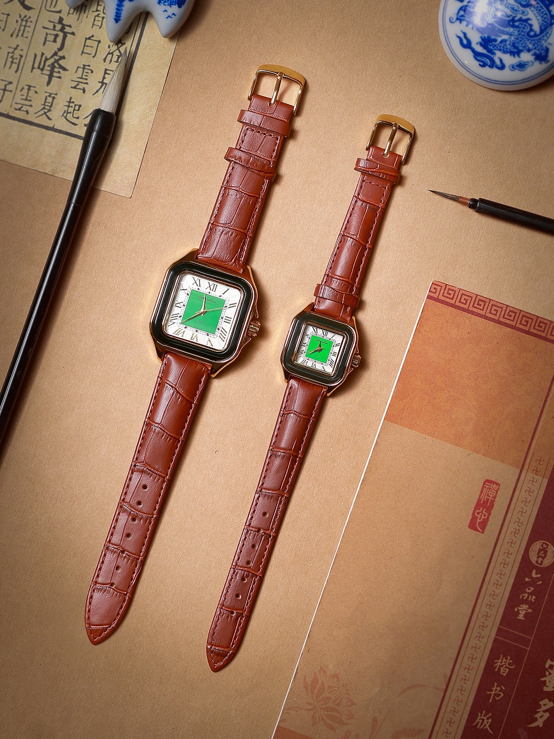 和田玉青玉简约复古文艺风长方形男生女士石英表时尚气质防水玉表