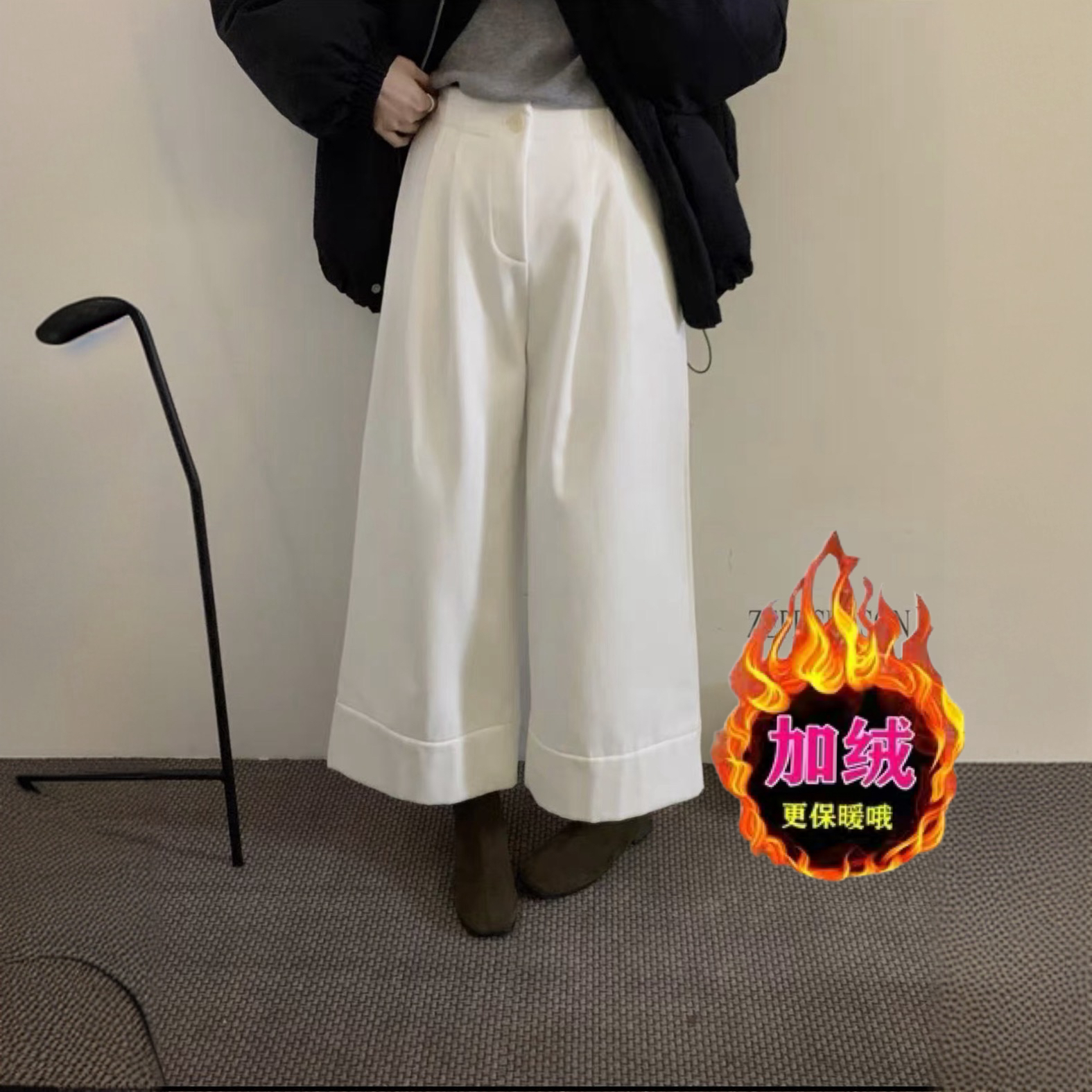 韩版百搭白色阔腿牛仔裤女加绒秋冬新款高腰宽松显瘦直筒九分裤子