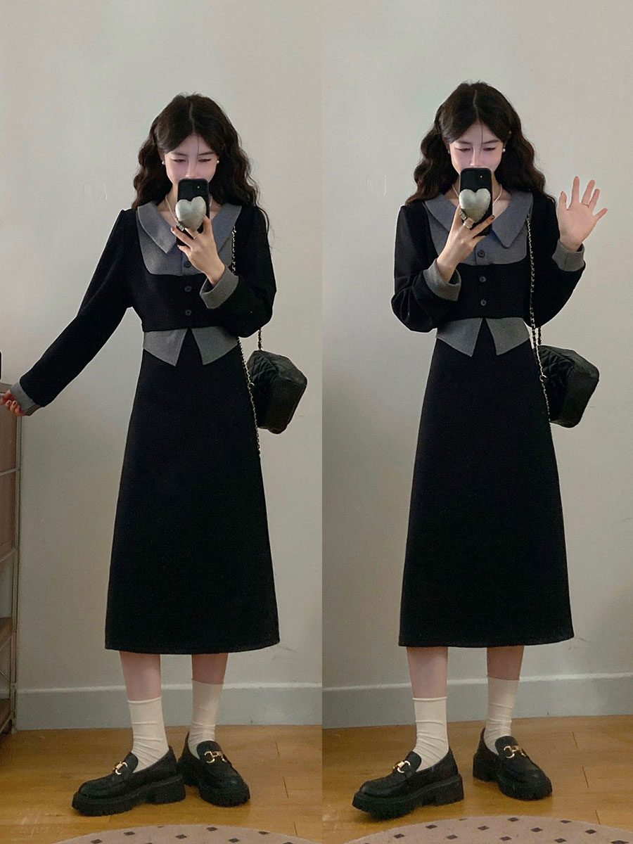 大码女装韩系通勤风拼接假两件polo领收腰显瘦连衣裙3519