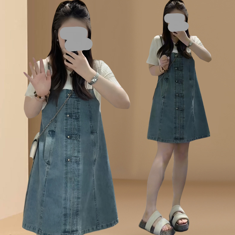 韩系显瘦减龄时髦假两件连衣裙小个子女夏季新款气质牛仔背带裙