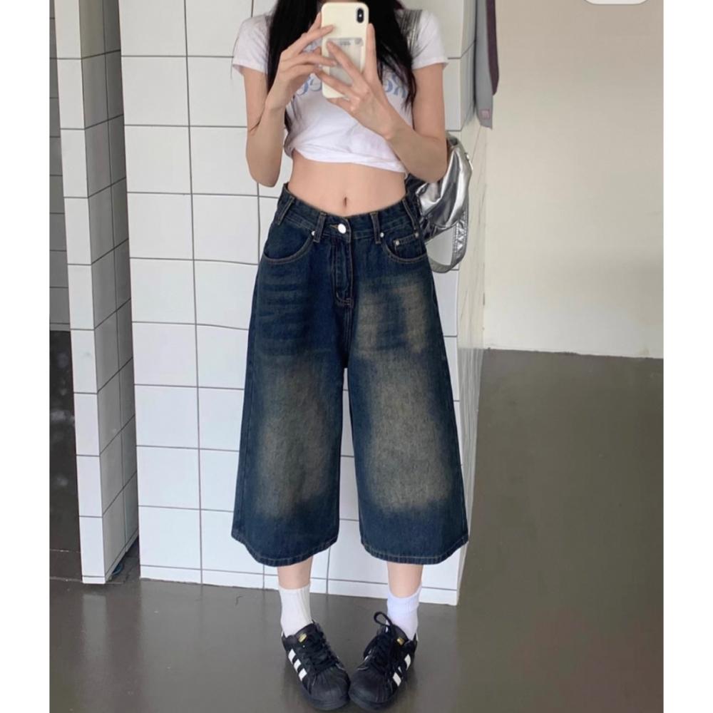 美式复古做旧水洗牛仔裤女2025夏季新款设计感阔腿显瘦垂感七分裤