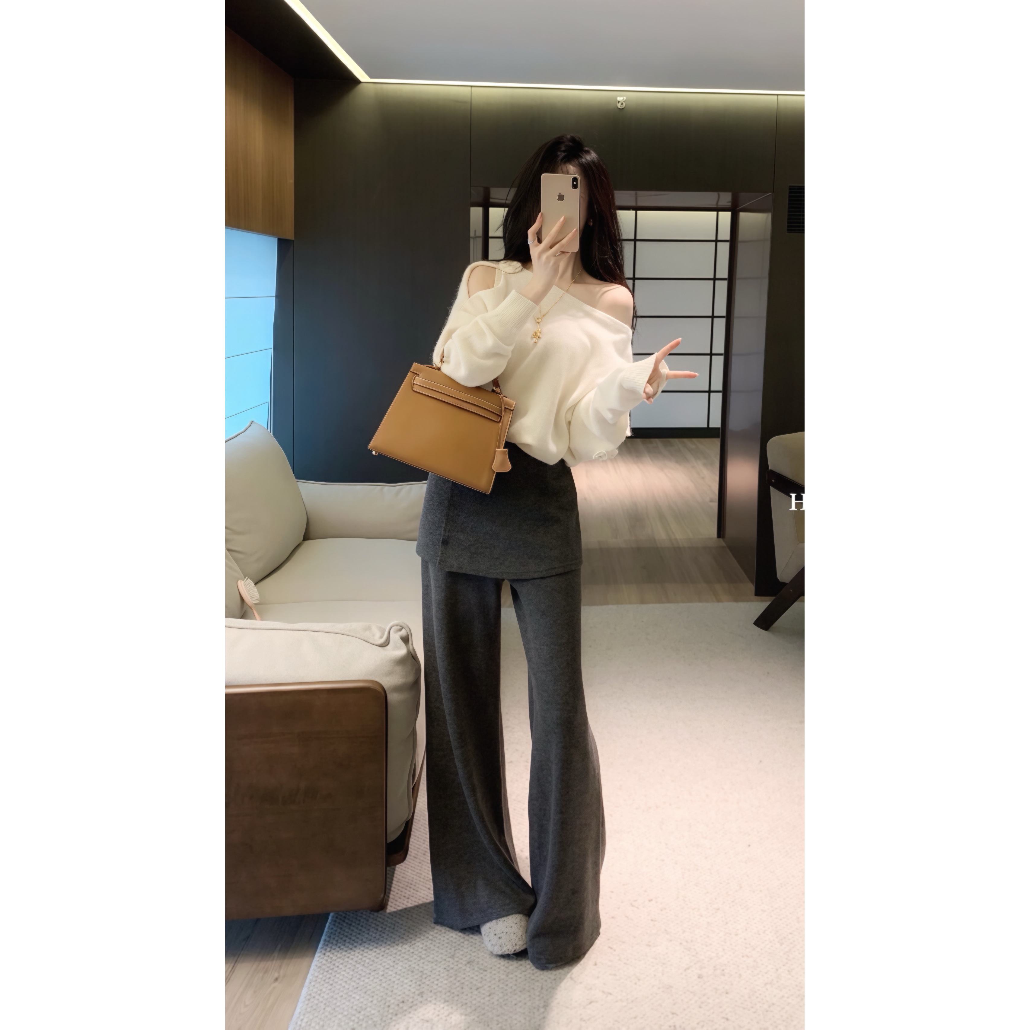 冬季外穿慵懒高级感毛衣秋冬2025露肩长袖针织上衣修身显瘦直筒裤