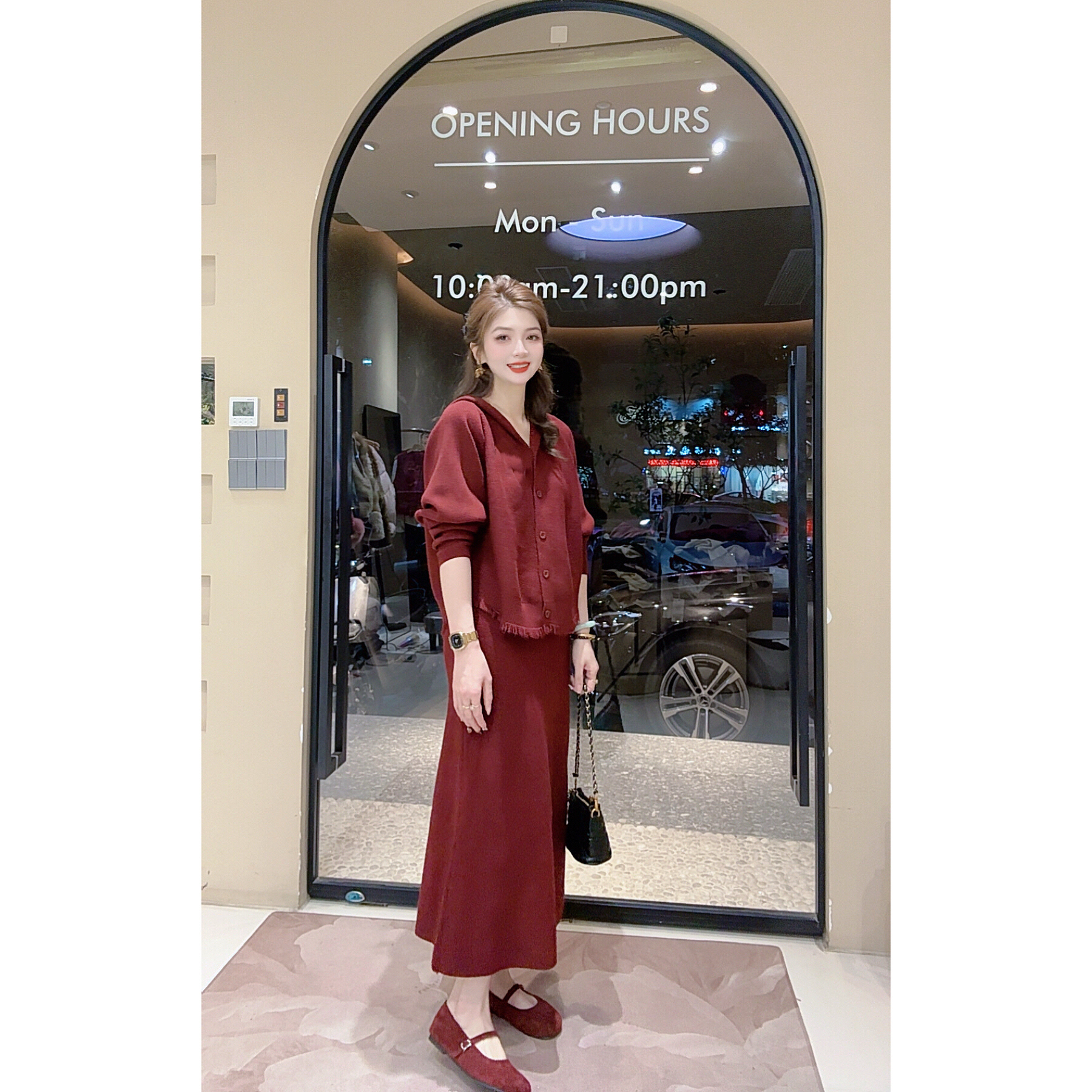 涵儿家 时尚慵懒风套装（连帽流苏排扣针织上衣+松紧腰半裙）875