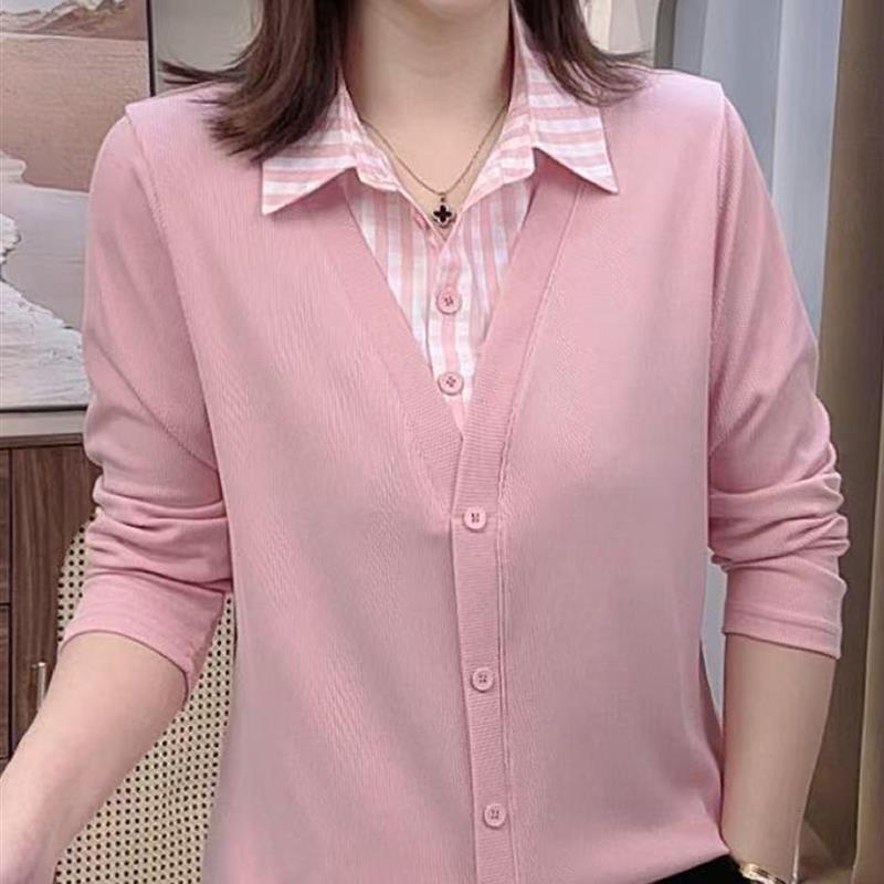 秋季拼接格纹假两件衬衫C洋气减龄女装时尚简约大方显瘦长袖上衣