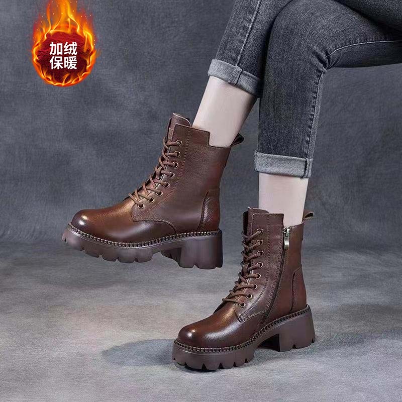 2025冬季加绒新款软皮厚底马丁靴女英伦风透气短靴女单里单靴8778