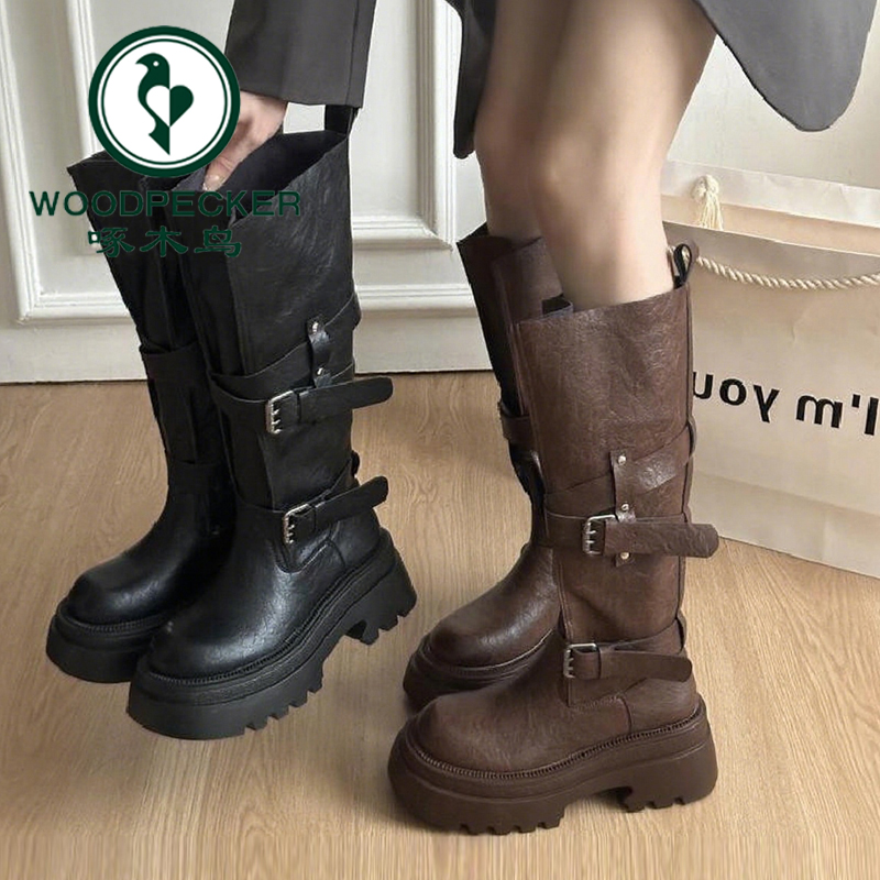 啄木鸟不过膝靴子女2025新款秋季高筒骑士靴百搭皮带扣厚底长筒靴