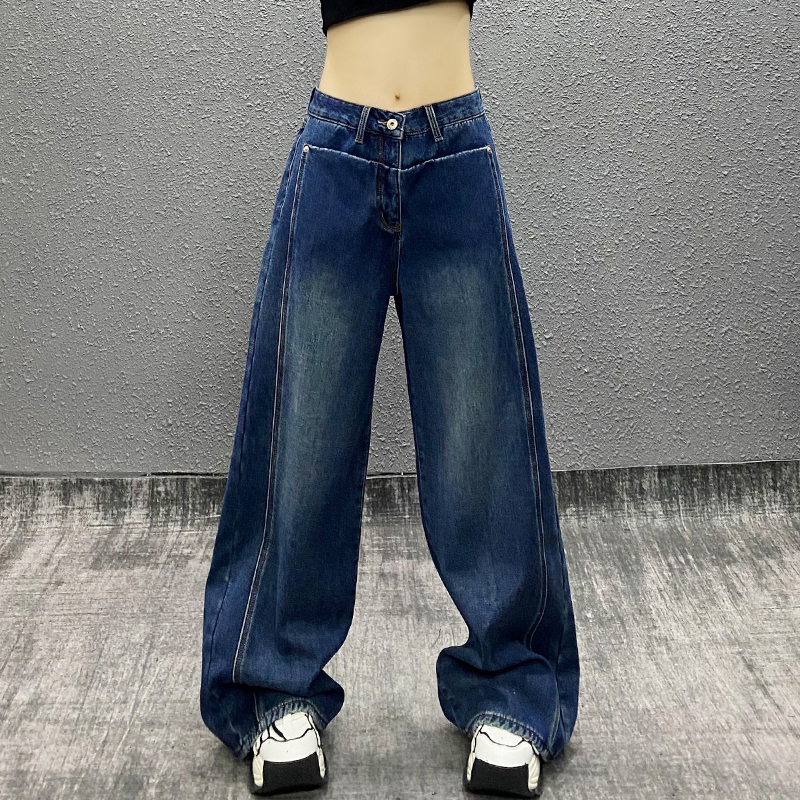 个性口袋设计休闲牛仔裤女秋新款高腰宽松显瘦百搭直筒阔腿拖地裤