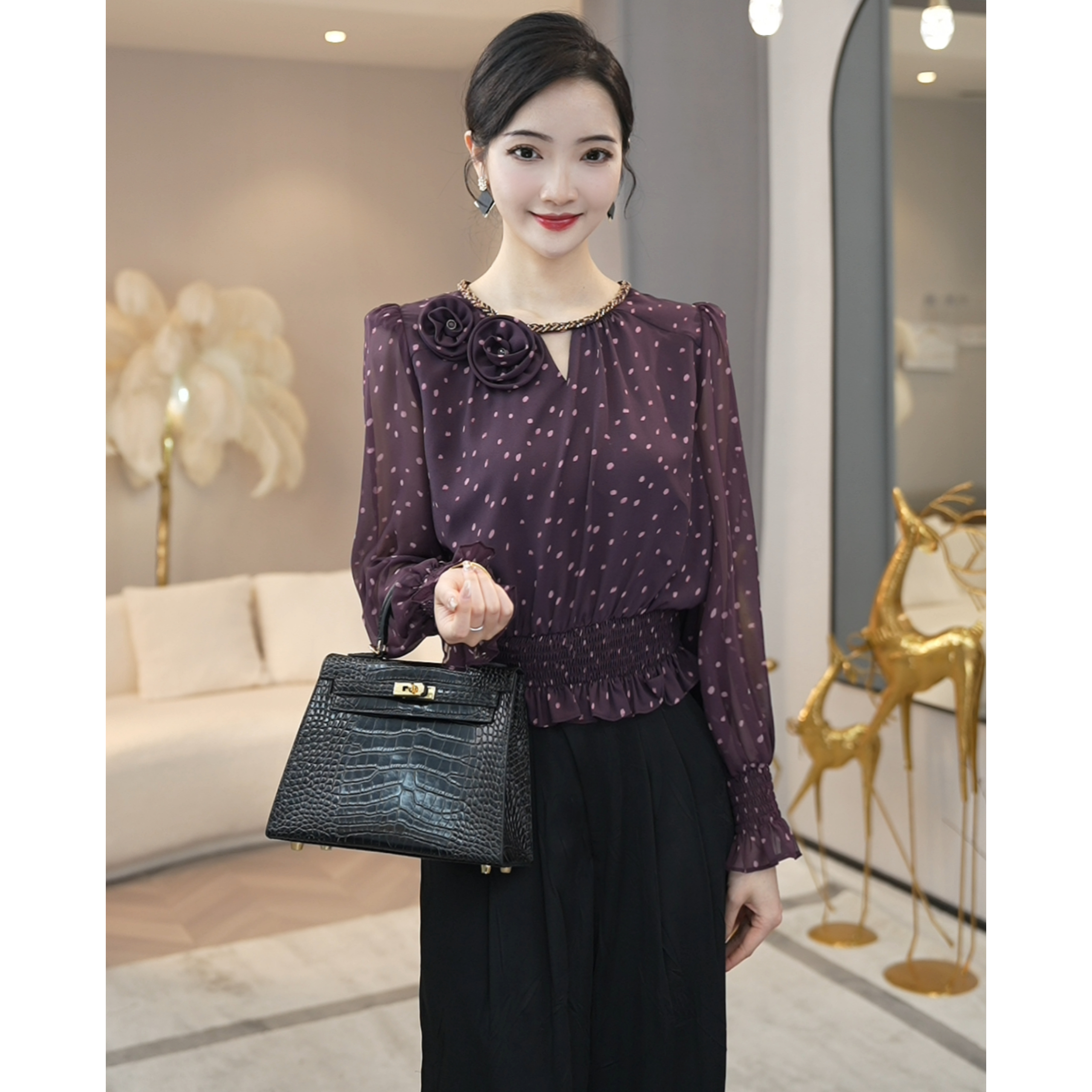 现货2025年春夏新款【QQ-1019】高级感气质精致波点紫色衬衫上衣女