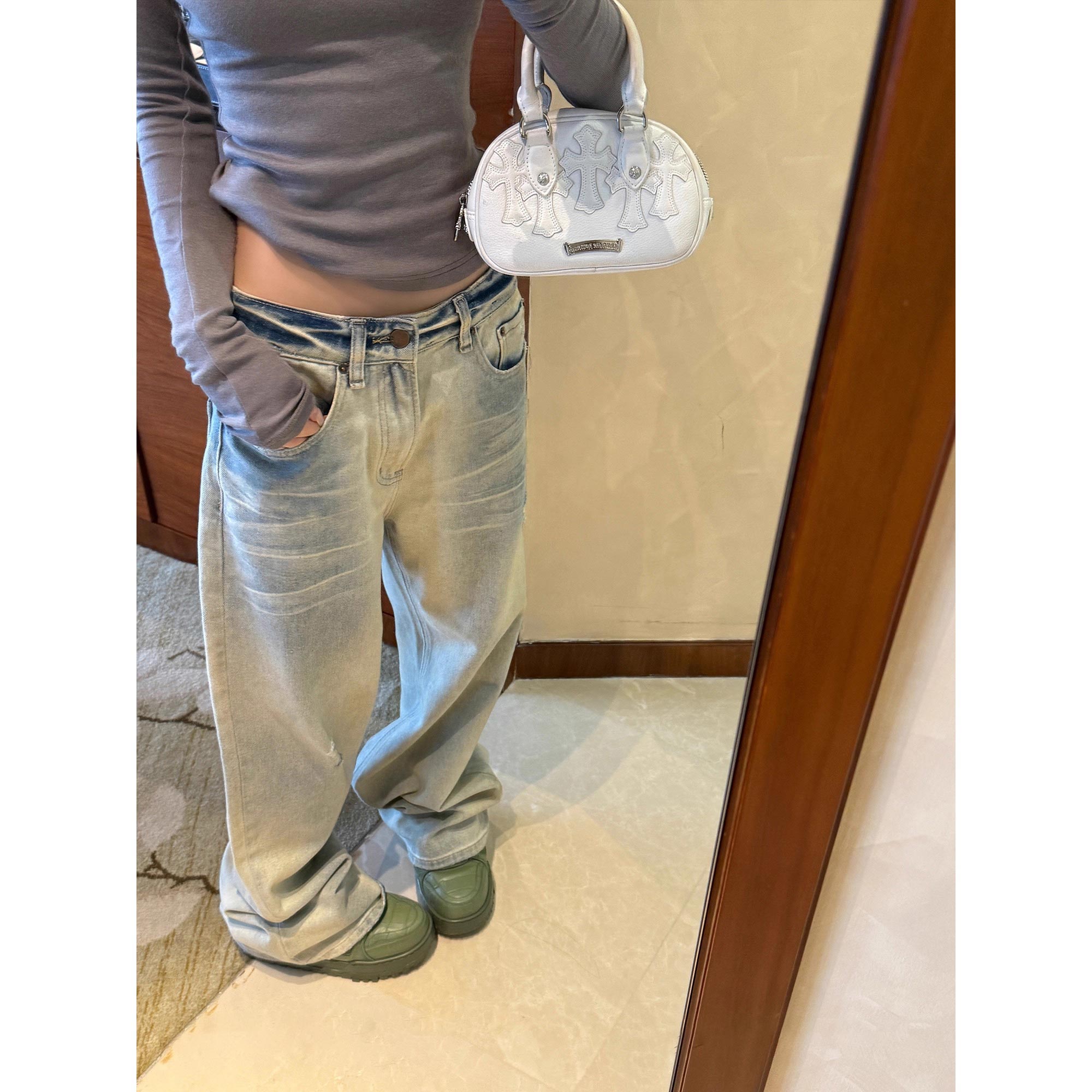 番茄妹妹Tomatosister 浅色水洗渐变牛仔裤低腰宽松阔腿休闲裤子